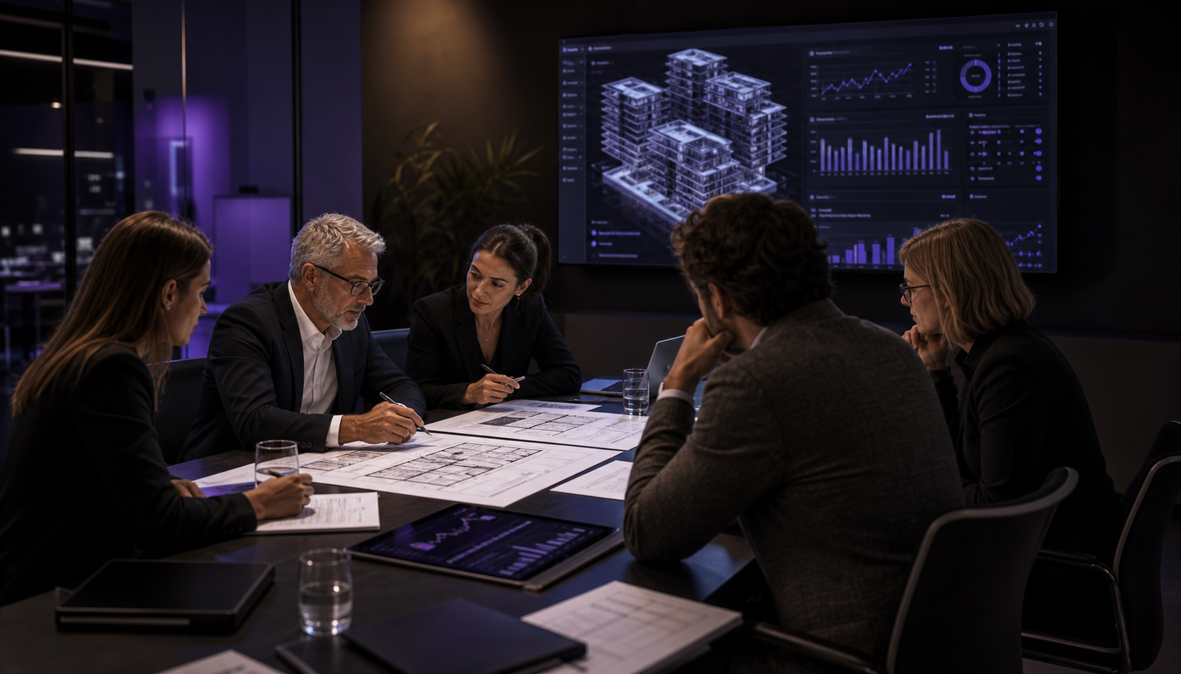 Real estate team reviewing floor plans and portfolio notes